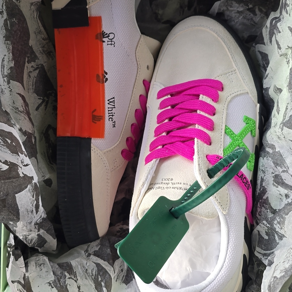 OFF WHITE, Low Vulcanized Sneaker, Men's, White/Magenta/Lime Green Canas & Suede - Picture 16 of 16